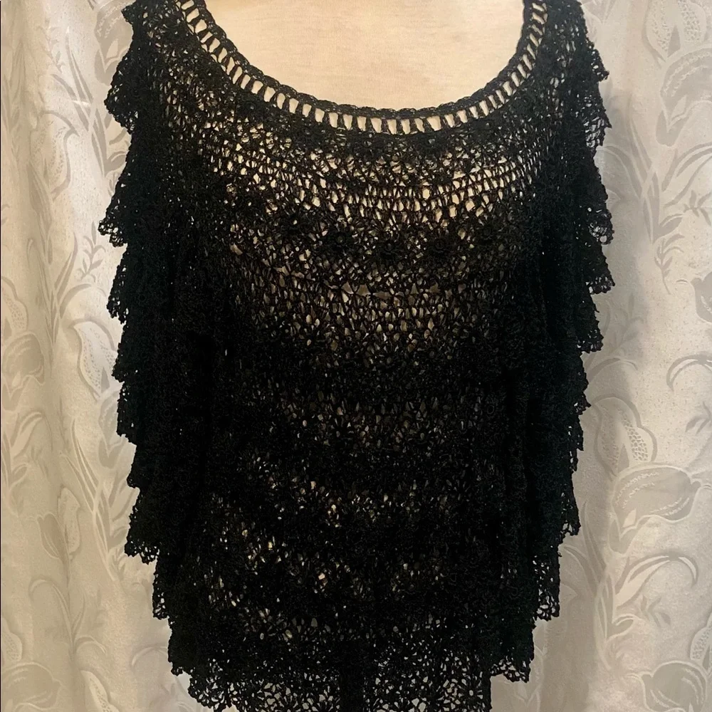 Ethos Black Crocheted Layered 3/4 Sleeve Blouse